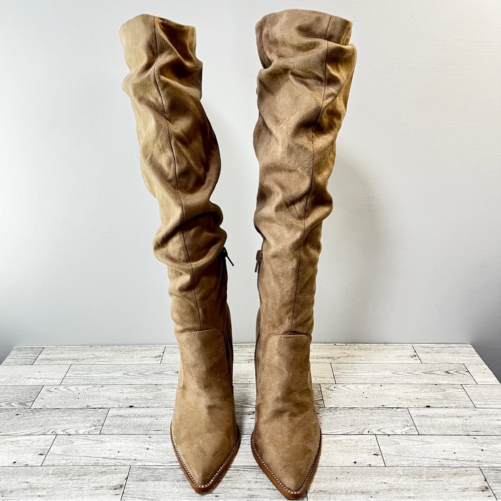 Slouchy Pointed-Toe High Heel Knee Boots - Tan - Picture 2 of 12